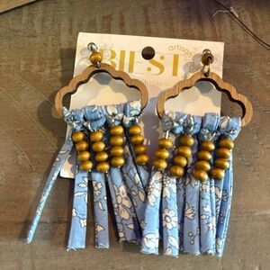 Blue Floral Wooden Earrings with Beads
